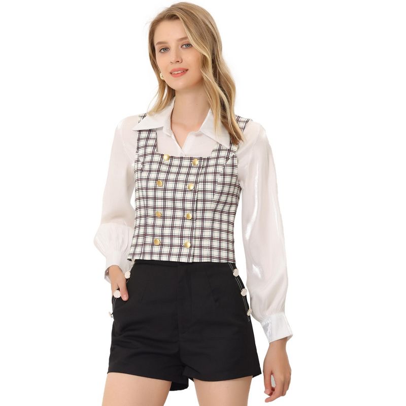 Allegra K Women's Steampunk Double Breasted Plaid Suit Vest, 1 of 6