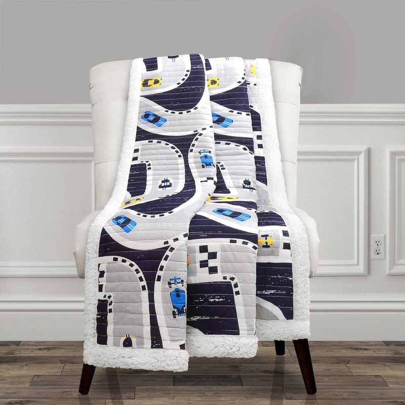 50&#34;x60&#34; Full/Queen Kids&#39; Faux Shearling Car Track Throw Blanket Navy - Lush D&#233;cor, 1 of 10