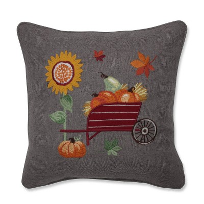 Pumpkins/Sunflower and Wheelbarrow Embroidered Throw Pillow - Pillow Perfect