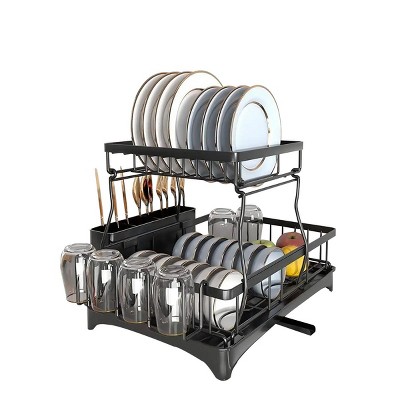 2 Tier Dish Racks for Kitchen Counter, Stainless Steel Dish Drying Rack with Drainboard, Detachable Dish Drainers with Utensil Holder, Cup Holder