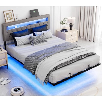 VINGLI Twin Floating Bed Frame with Upholstered Headboard,Charging Station/LED Lights, Modern Platform Bed, Grey