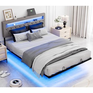 VINGLI Twin Floating Bed Frame with Upholstered Headboard,Charging Station/LED Lights, Modern Platform Bed, Grey - 1 of 4
