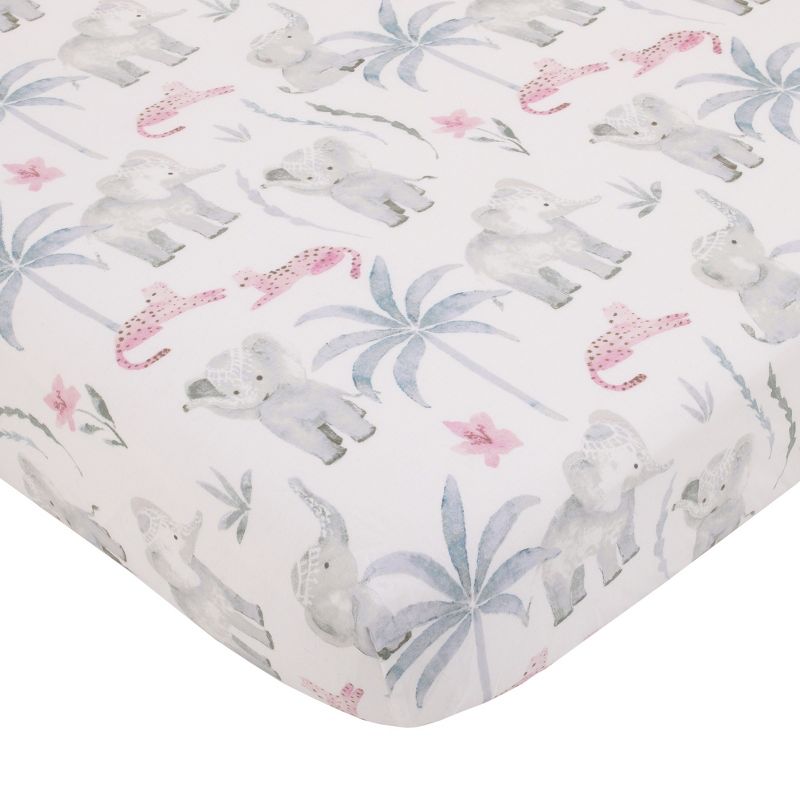 NoJo Tropical Princess Elephant/Jungle Pink and Green 100% Cotton Fitted Crib Sheet, 1 of 5
