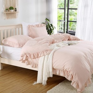 Ruffled Duvet Cover, Soft Washed Microfiber Vintage French Country Duvet Cover Set - 1 of 4