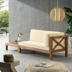 Christopher Knight Home Brava Outdoor Acacia Wood Right Arm Loveseat and Coffee Table Set with Cushion - 1 of 4