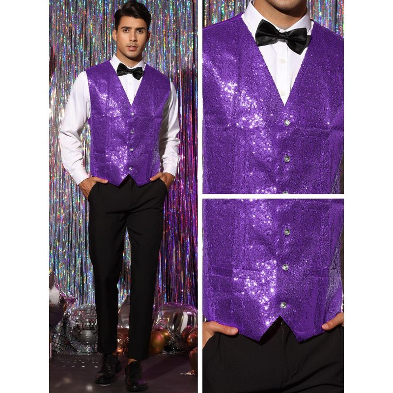 Lars Amadeus Men's V-Neck Sleeveless Disco Sparkly Sequin Suit Vest, 4 of 6