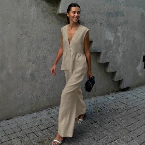 Coolmee Womens Two Piece Set Sleeveless V Neck Button Peplum Vest Wide Leg  Pant Suits Dressy Casual Summer Vacation Outfits XL Apricot : Target