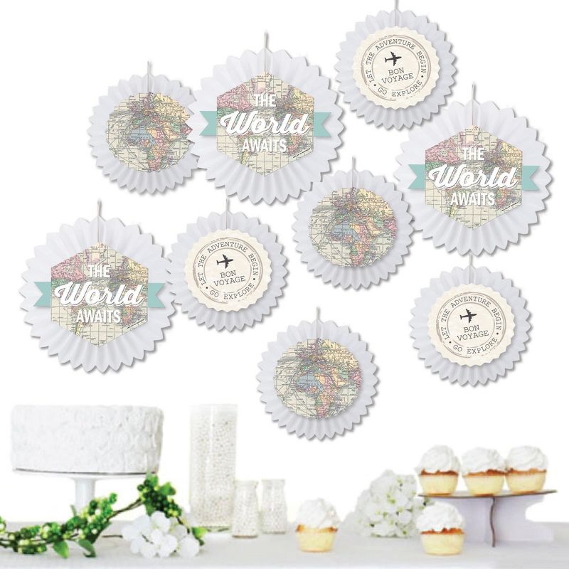 Big Dot of Happiness World Awaits - Hanging Travel Themed Party Tissue Decoration Kit - Paper Fans - Set of 9, 1 of 9