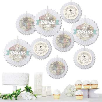 Big Dot of Happiness World Awaits - Hanging Travel Themed Party Tissue Decoration Kit - Paper Fans - Set of 9