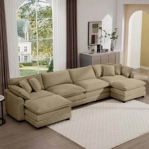 4-Seater Corduroy Modern Upholstered Sofa with Ergonomic Seat, 3 Footstools, 2 Arm Pillows, 4 Throw Pillows and Easy to Assemble - 1 of 4