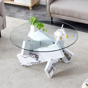 33.4'' Round Tempered Glass Coffee Table with Crossed Wood Base,Modern Farmhouse Accent Table for Living Room-Baofuwish - 1 of 4