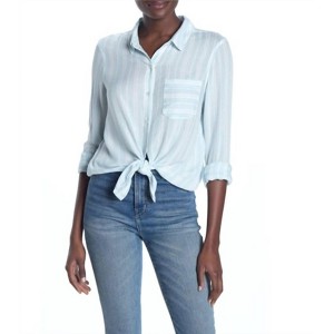 Women's Striped Tie Front Long Sleeve Weekend Button Down Blouse - Abound - 1 of 3