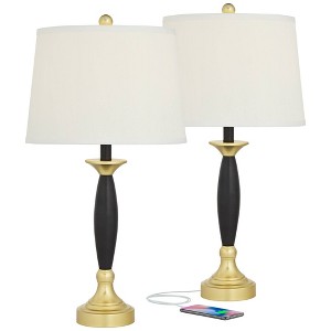 360 Lighting Kamila Traditional Table Lamps 27" Tall Set of 2 Gold Black with Dual USB Charging Ports White Drum Shade for Bedroom Bedside Family Desk - 1 of 4