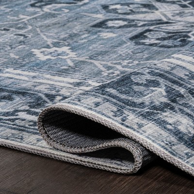 Blue and Cream Medallion Washable Synthetic Area Rug 5'3" x 7'7"