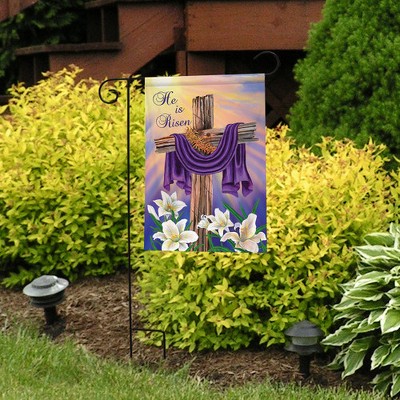 He is Risen Purple and White Polyester Garden Flag