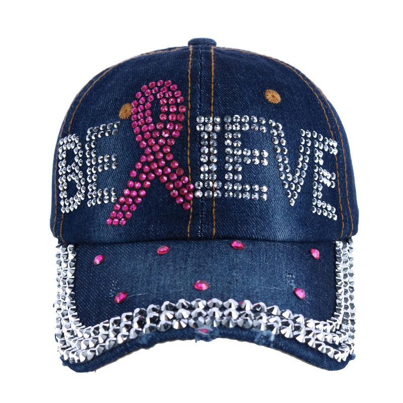 CTM Women's Believe Breast Cancer Awareness Denim Bling Cap, 1 of 4