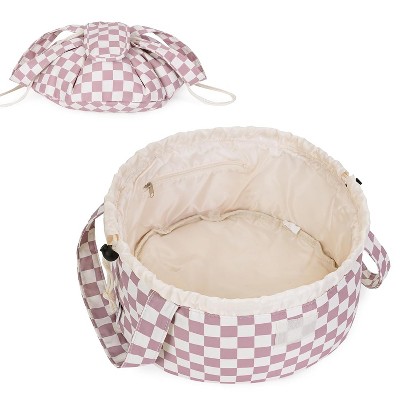 Narwey Checkered Makeup Bag with Compartments + Barrel Drawstring Checkered Makeup Bag