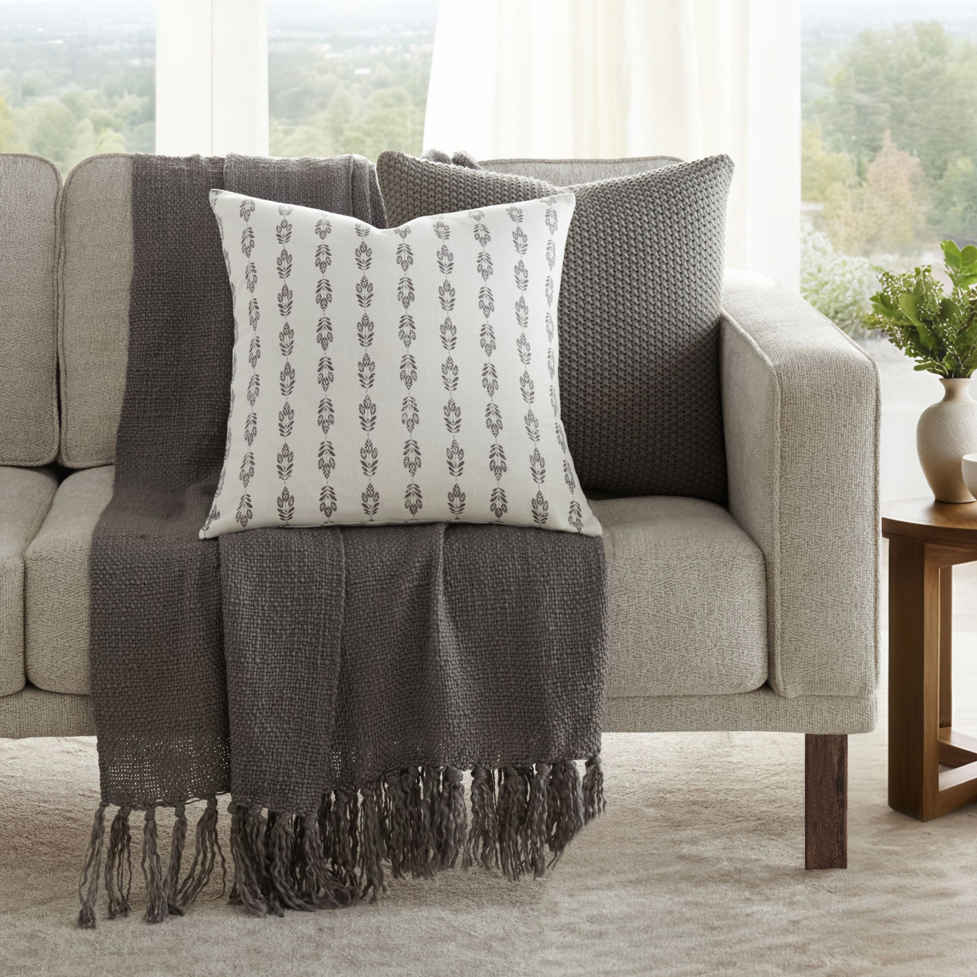 2-Pack Gray Throw Pillows Seed Stitch Knit with Cotton Patterns in Folk Leaves - Becky Cameron, Gray, 20 x 20