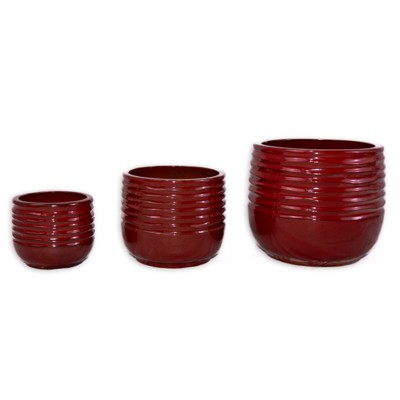 VisioGear 3PCS Ceramic Flowerpot, Modern Planter for Patio, Garden, Windowsill, Bean Paste Red, 14.6"*14.6"*12.1"