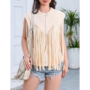 Women's Fringe Vest 70s Denim Zip Up Jacket Hippie Sleeveless Loose Costume - 1 of 4