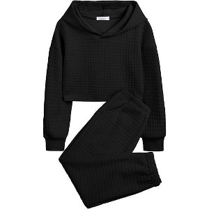 Arshiner Girls 2 Piece Outfit Waffle Knit Pullover Hooded Sweatshirt and Sweatpants Clothing Sets Long Sleeve Tracksuits - 1 of 4