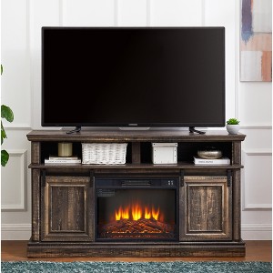 58" Mid Century Modern TV Console with 23" Electric Fireplace Insert, Media Console Table with Sliding Doors and Large Storage Cabinet - 1 of 4