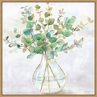 Eucalyptus Vase II Green and Brown Canvas Wall Art with Maple Frame