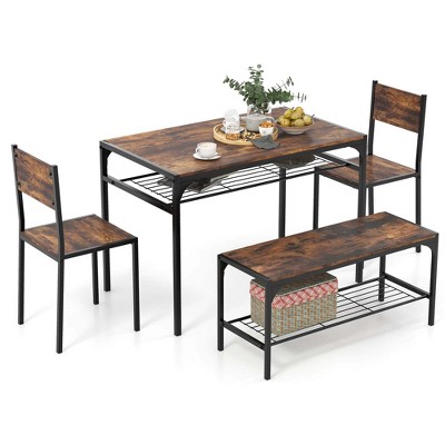 Rustic Brown MDF and Metal Dining Table Set with Bench and 2 Chairs