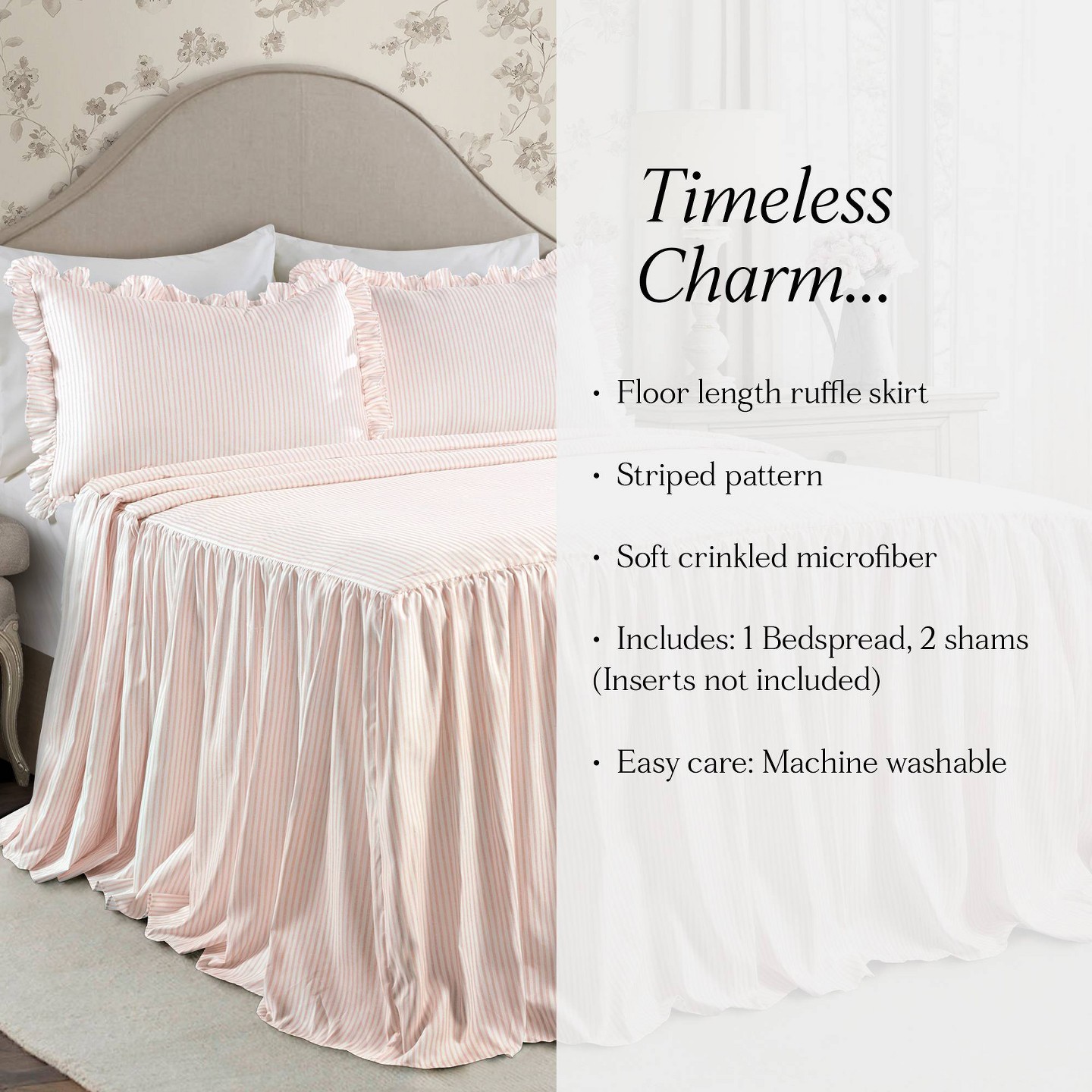 Комплект с покрывалом Lush Decor Queen 3pc Ticking Stripe Bedspread Set Blush - Lush Décor: Lightweight Shabby Chic Bedding with Ruffles, Includes 2 Shams, цвет: Полосатый — фото 6