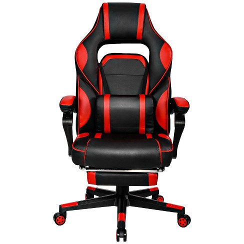 PU Leather Gaming Chair with USB Massage Lumbar Pillow and Footrest, Red