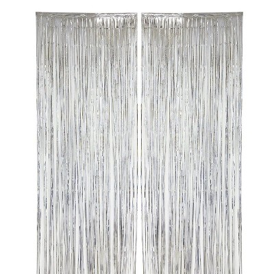 Blue Panda 2-pack Silver Foil Fringe Curtains - Metallic Tinsel Backdrop for Party Decorations (3 x 8 ft)