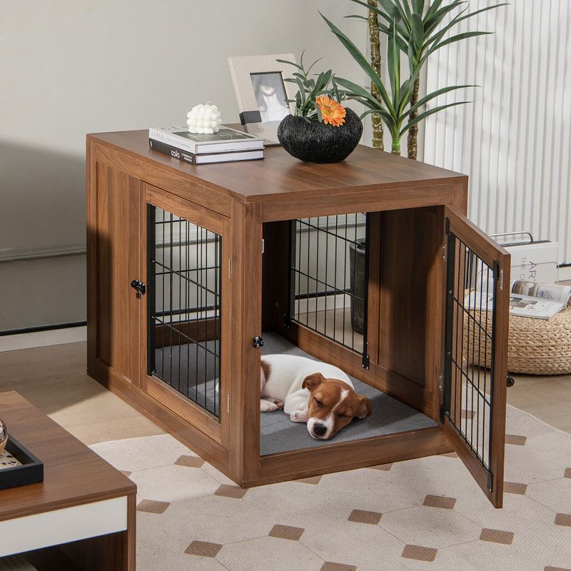 Tangkula Dog Crate Furniture Wooden Pet Kennel Cage End Table w/ Cushion& Double Doors, 2 of 11
