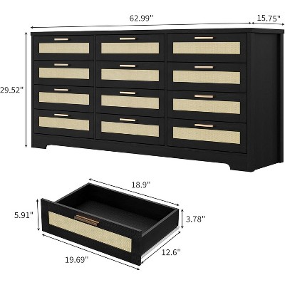 Product dimensions diagram of the dresser with 3x4 drawer layout and open top drawer
