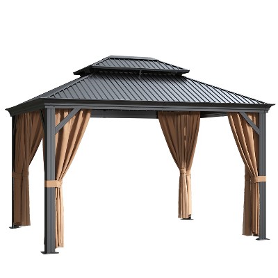 LACOO Galvanized Aluminum Hardtop Permanent Gazebo with Double Roof, Netting and Curtains