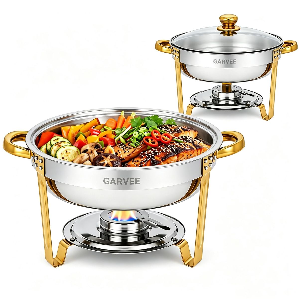 Round Gold Chafing Dish Buffet Set, 5QT Stainless Steel Food Warmer, Commercial Chafing Dish Buffet Warmer 5QT Round Stainless Steel Gold