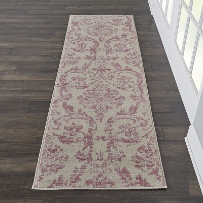 Ivory and Pink Synthetic Runner Rug with Damask Design