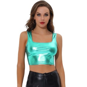 INSPIRE CHIC Women's U Neck Sleeveless Party Clubwear Shiny Metallic Crop Tank Tops - 1 of 4