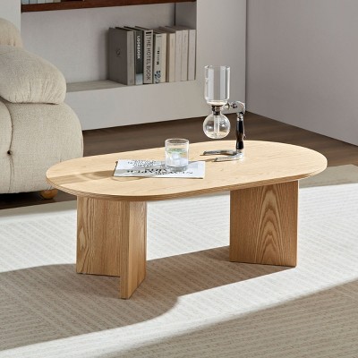 Modern MDF Coffee Table,Oval Side Table With MDF Pedestal Base,Wooden Small Accent Center Table For Living Room,Apartment-Coolbibila