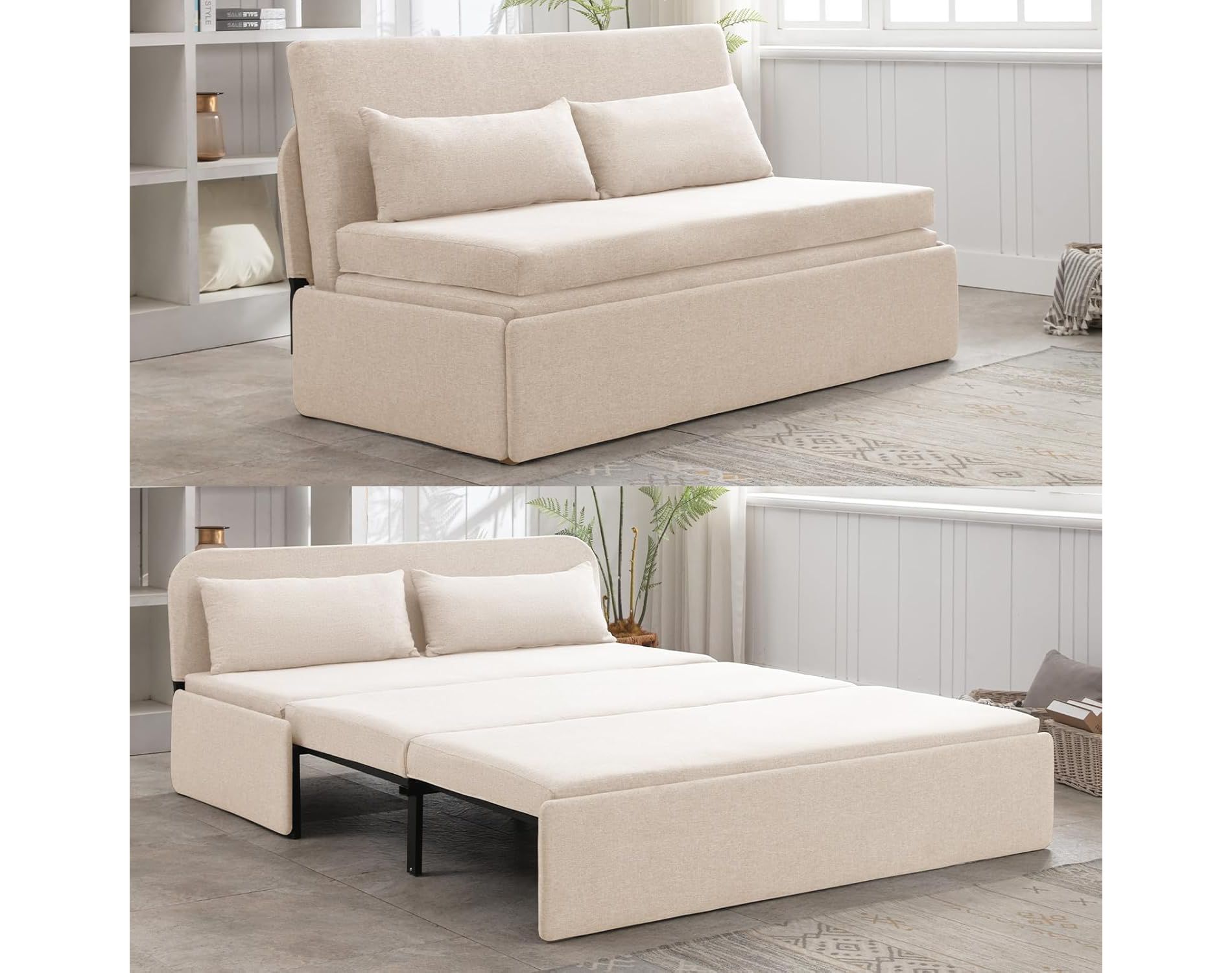 Mjkone Queen Size Pull Out Sofa Bed, 2-in-1 Modern Pull Out Linen Sleeper Sofa Couch