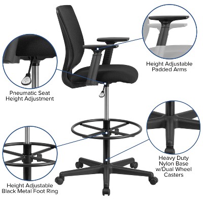 ErgoFlex Mid-Back Mesh Drafting Chair with Adjustable Arms and Black Fabric Seat