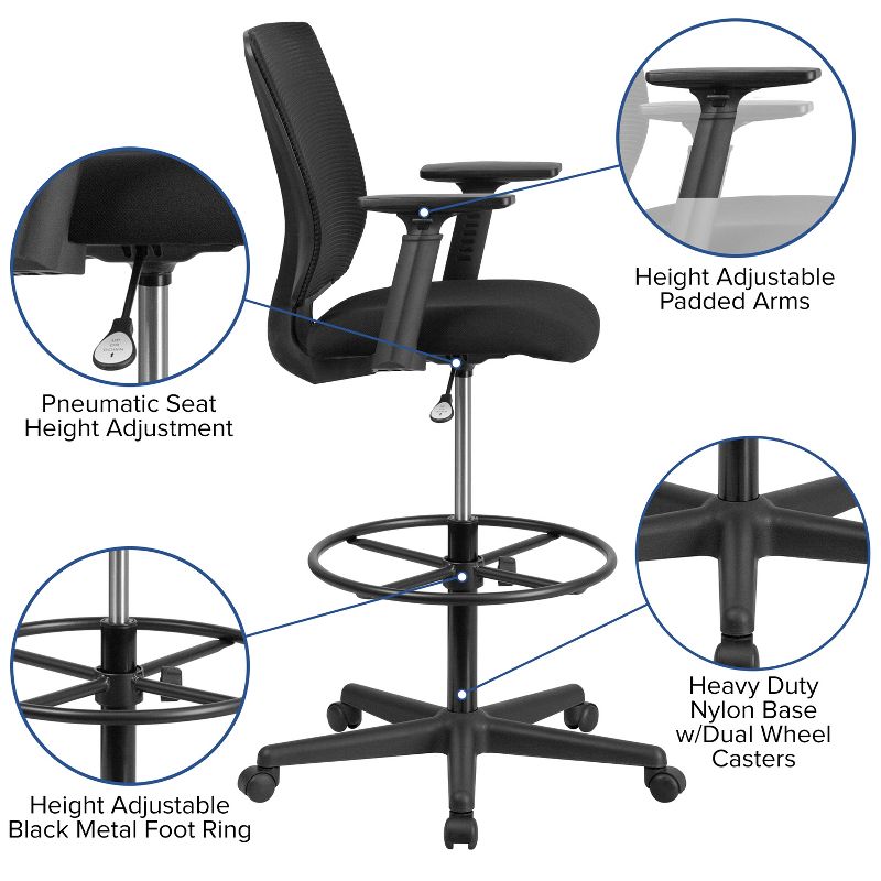 Flash Furniture Ergonomic Mid-Back Mesh Drafting Chair with Black Fabric Seat, Adjustable Foot Ring and Adjustable Arms, 4 of 12