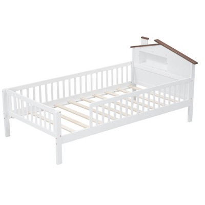 NicBex Twin/Full Size Wood Platform Bed with House-shaped Headboard and LED Lights for Adults/Boys/Girls