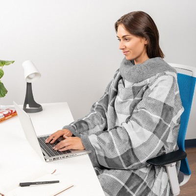 Plaid Light Gray Sherpa Fleece Wearable Blanket with Sleeves