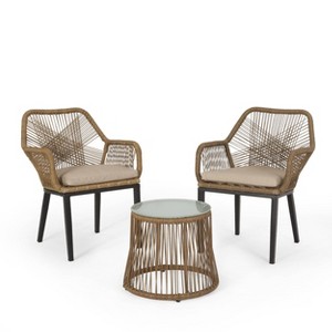 Russel 3pc Outdoor Wicker 2 Seater Chat Set: Flared Design, Glass Tabletop - Christopher Knight Home - 1 of 4