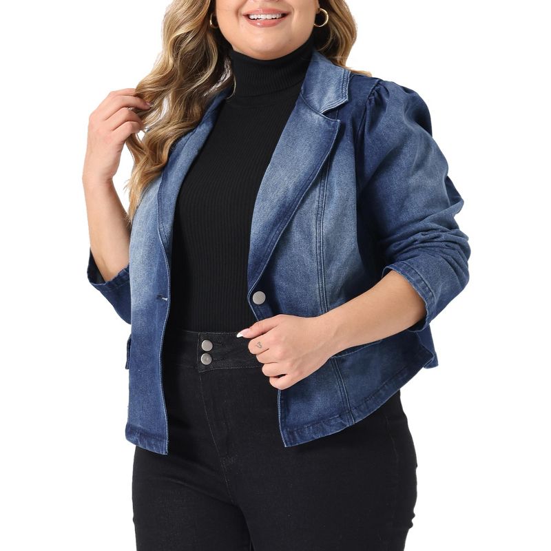 Agnes Orinda Women's Plus Size Denim Jackets Jean Notched Lapel Work Blazers, 2 of 6