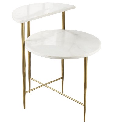 Vynxaria Side/End Table ¨C 18mm White Marble Top, Brass-Colored Iron Base, Dual-Level Surface, Cross-Stretchers for Stability