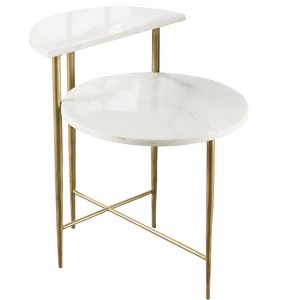 Vynxaria Side/End Table ¨C 18mm White Marble Top, Brass-Colored Iron Base, Dual-Level Surface, Cross-Stretchers for Stability - 1 of 4