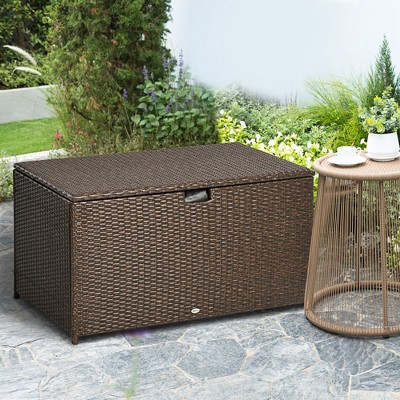 Brown Wicker and Plastic Outdoor Deck Box with Hydraulic Lift