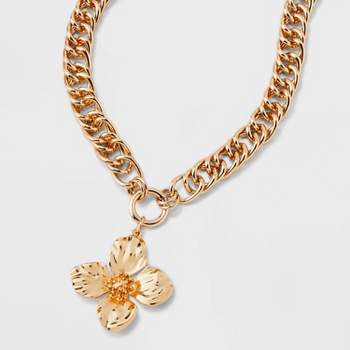 Gold Metal Flower Pendant Drop Necklace - A New Day™