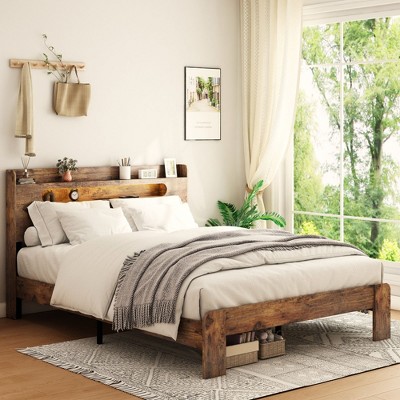NicBex Full/Queen/King Vintage Bed Frame with 2-Tier Storage & LED Headboard,Modern Platform Bed for Bedroom,No Box Spring Needed